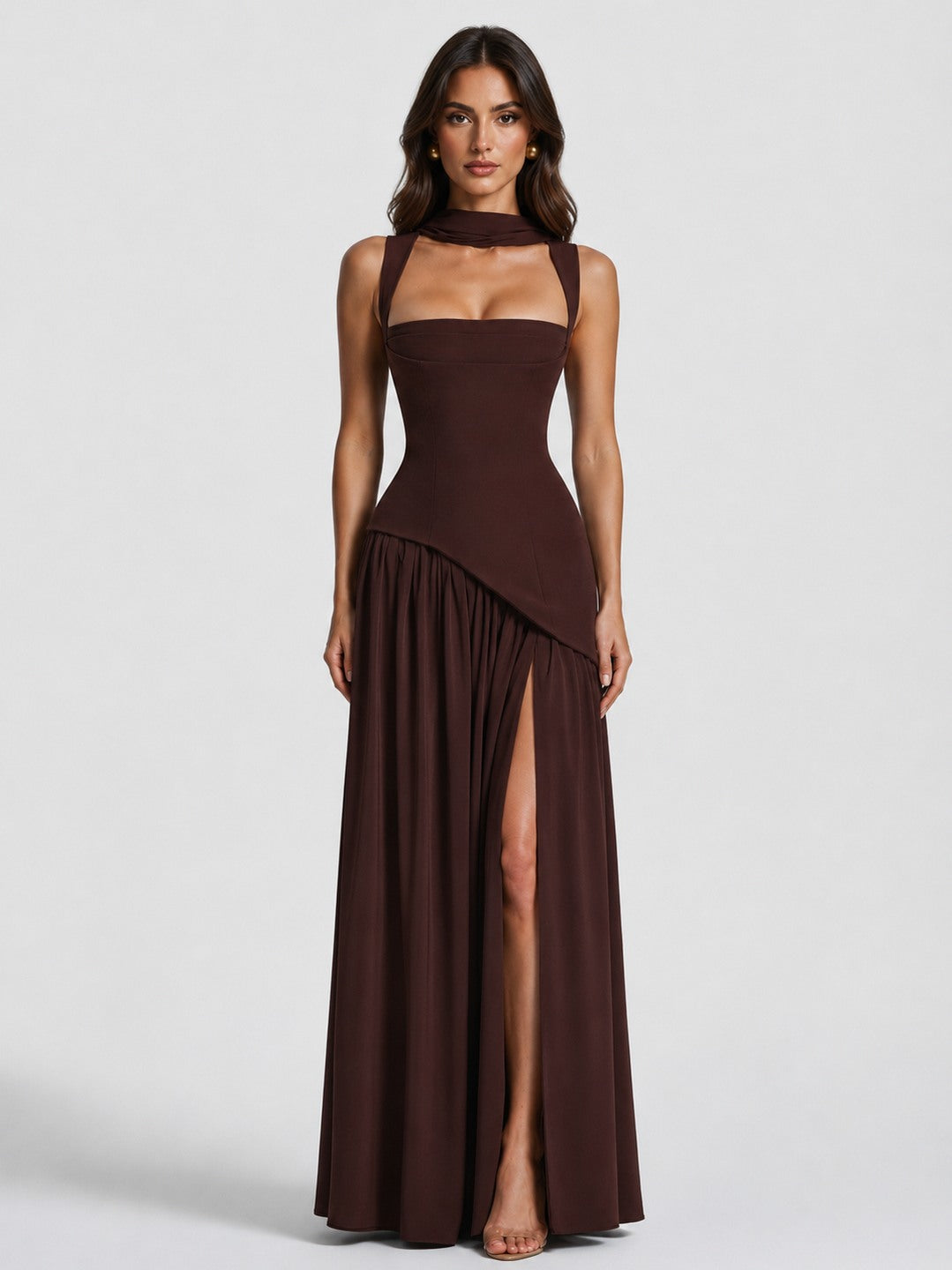 Crepe Corset High Slit Maxi Dress