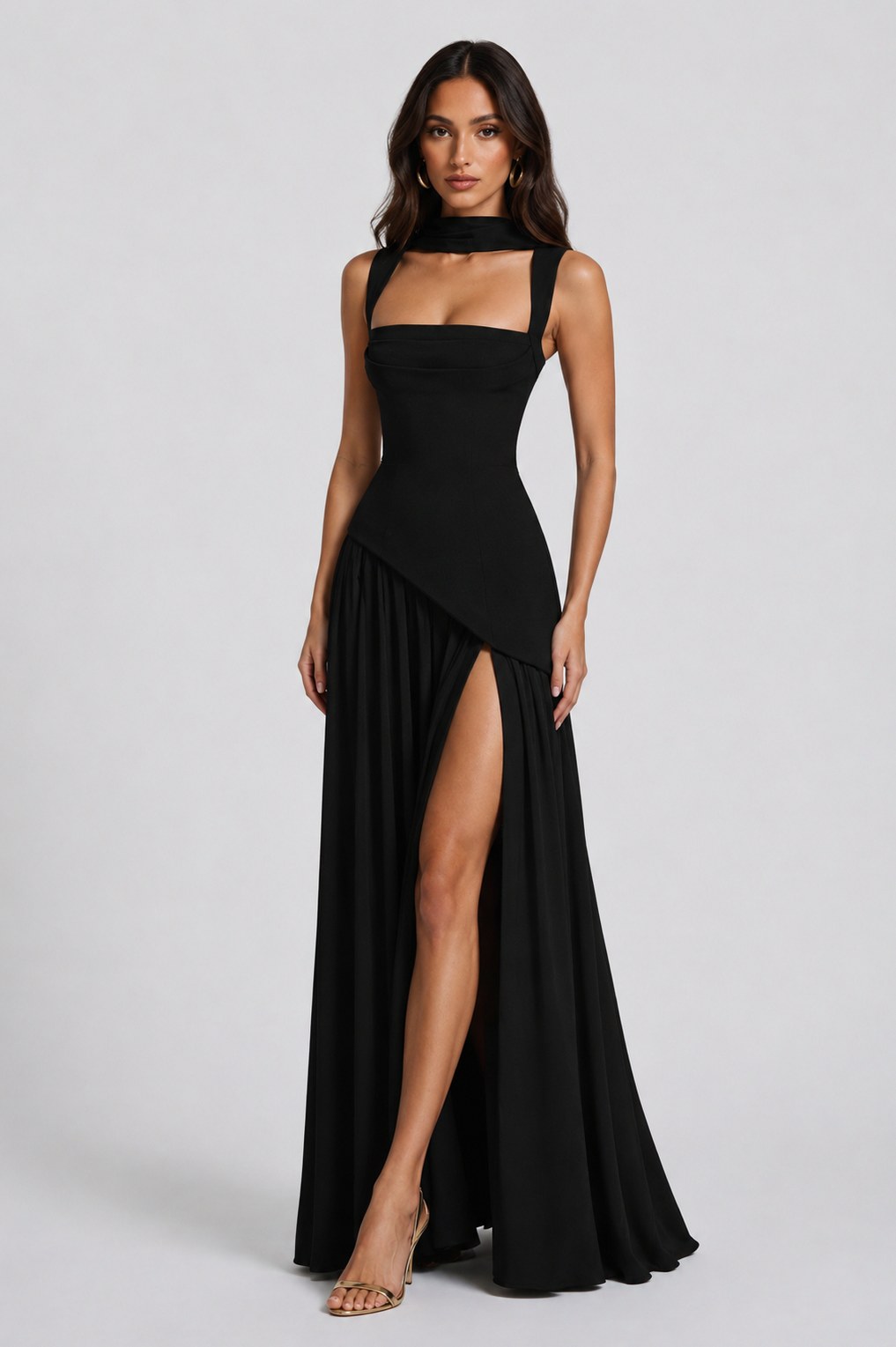 Crepe Corset High Slit Maxi Dress