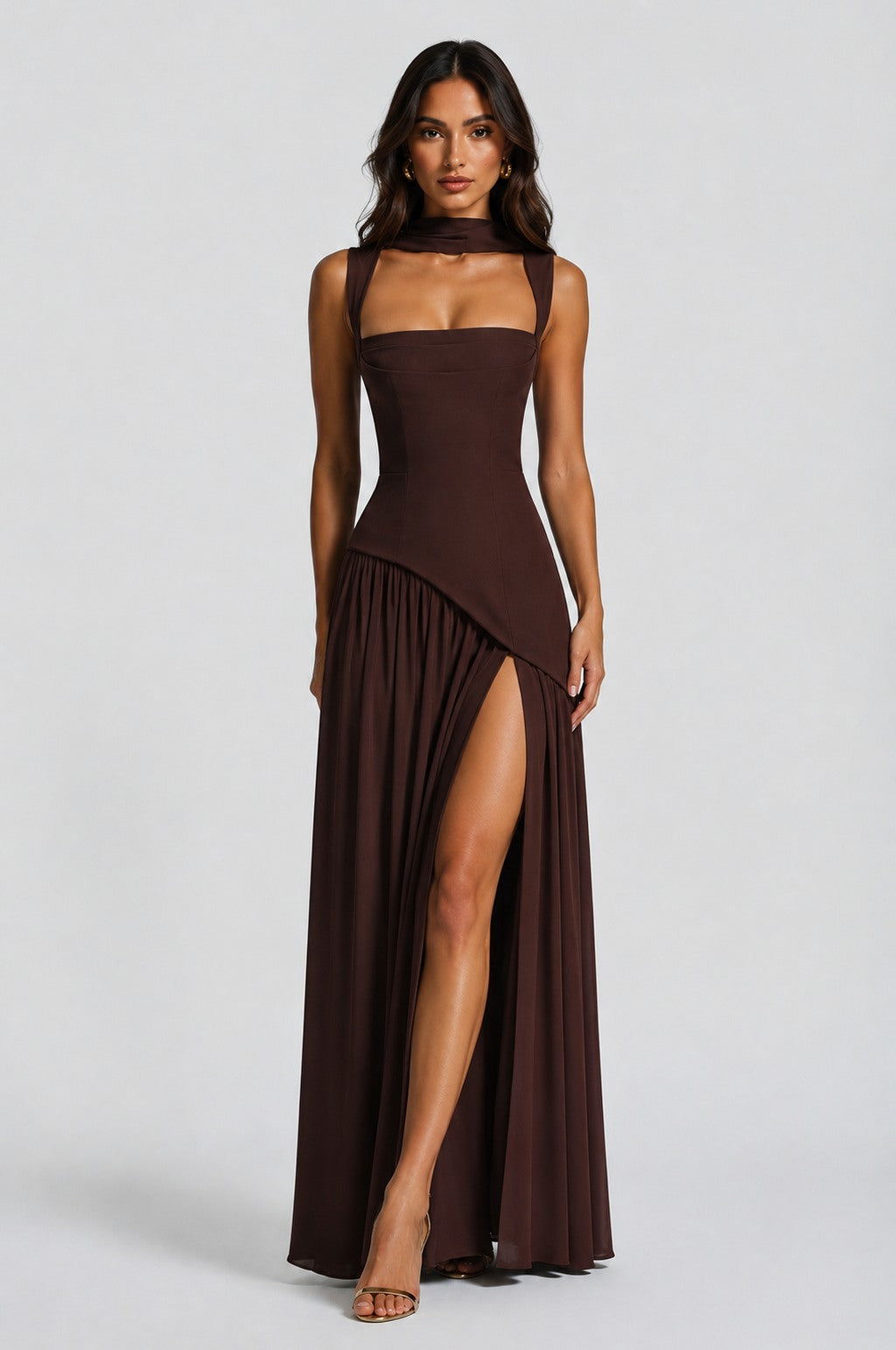 Crepe Corset High Slit Maxi Dress