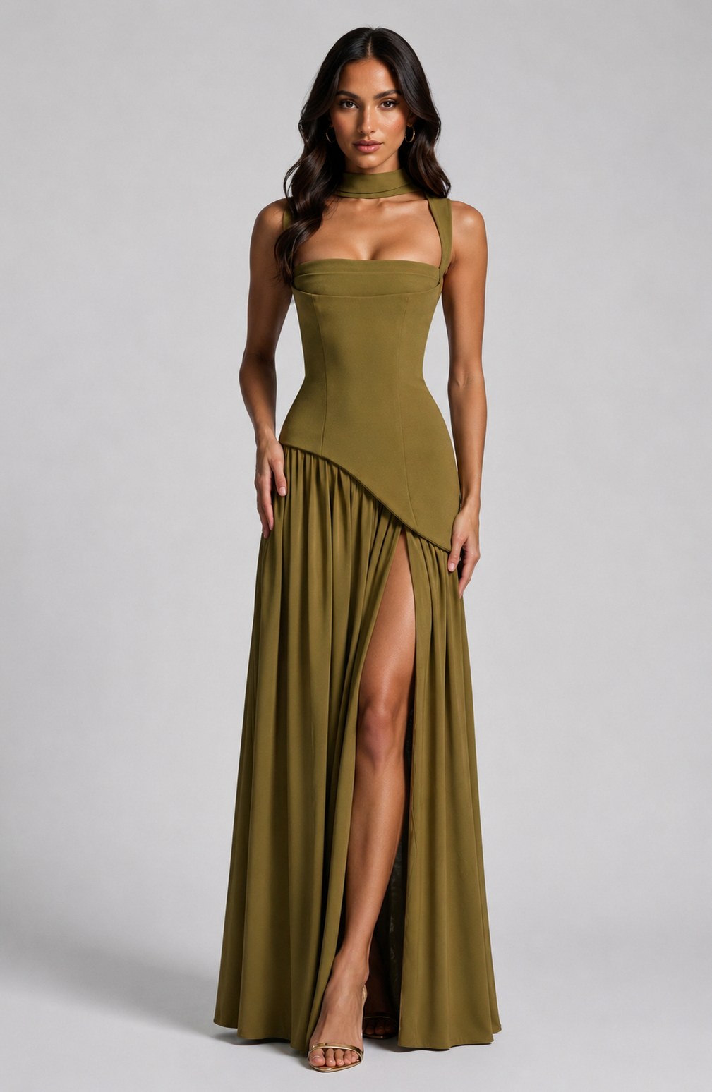 Crepe Corset High Slit Maxi Dress