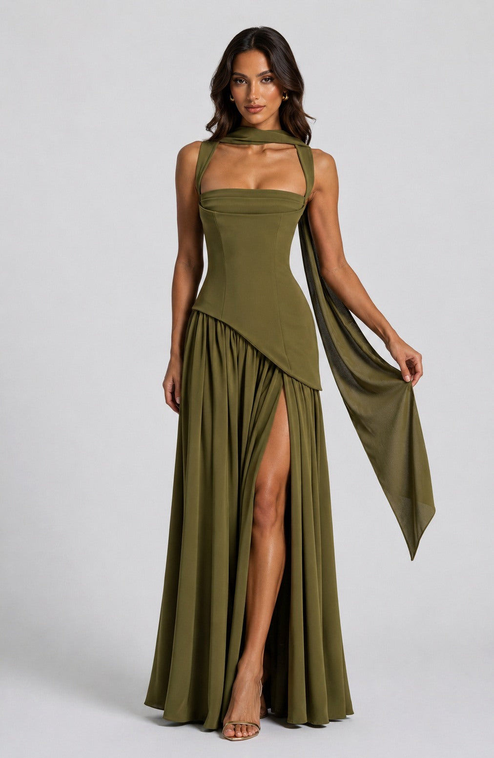 Crepe Corset High Slit Maxi Dress