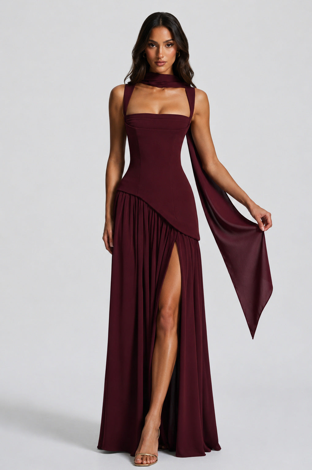 Crepe Corset High Slit Maxi Dress
