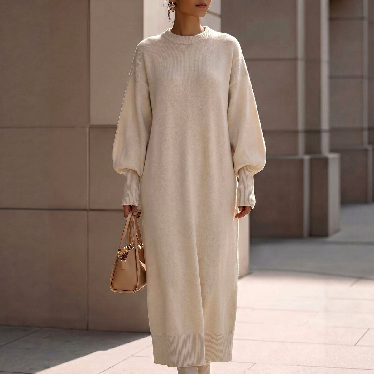 Long Balloon Sleeve Crewneck Sweater Dress