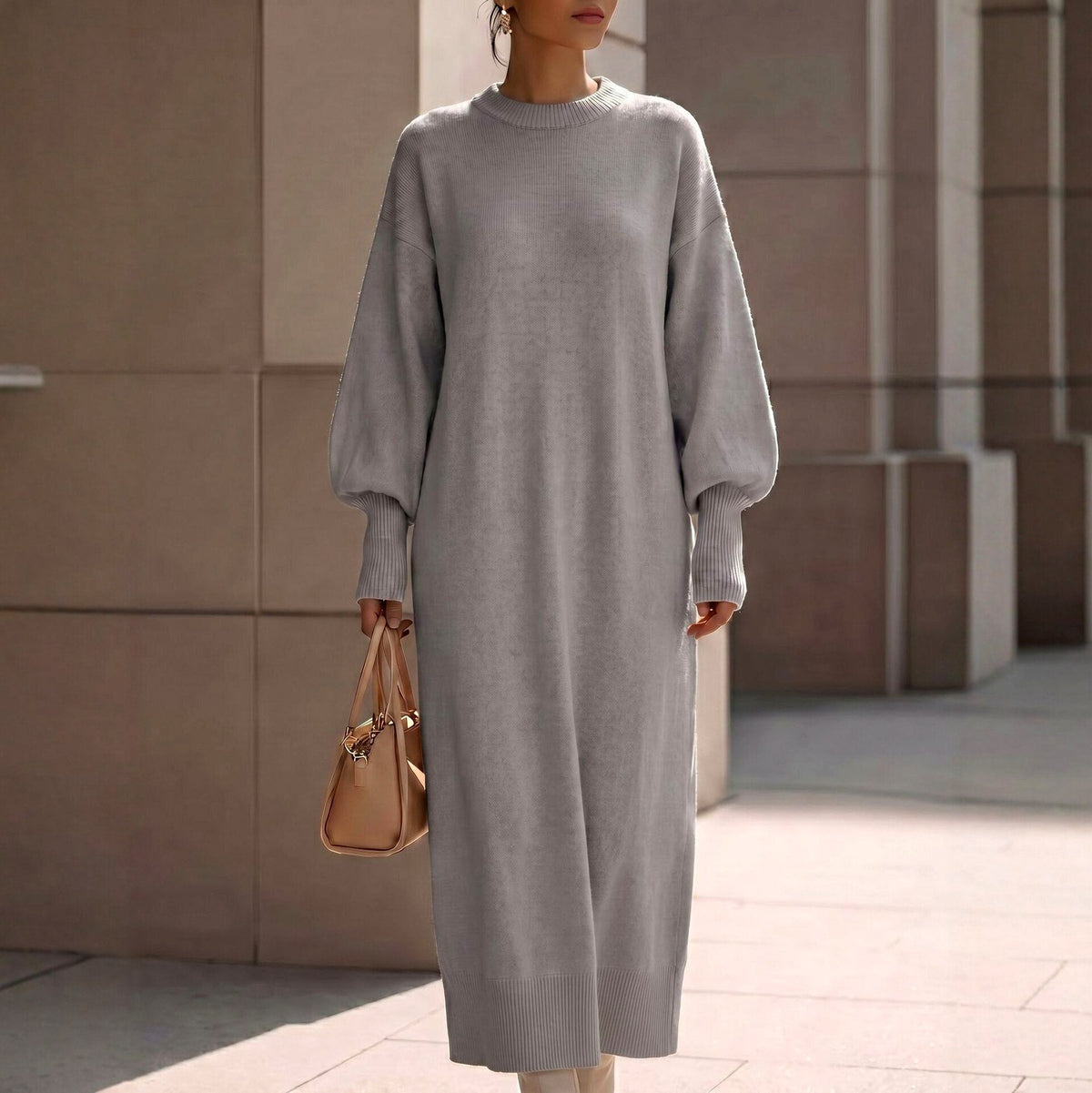 Long Balloon Sleeve Crewneck Sweater Dress