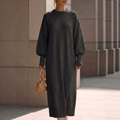 Long Balloon Sleeve Crewneck Sweater Dress