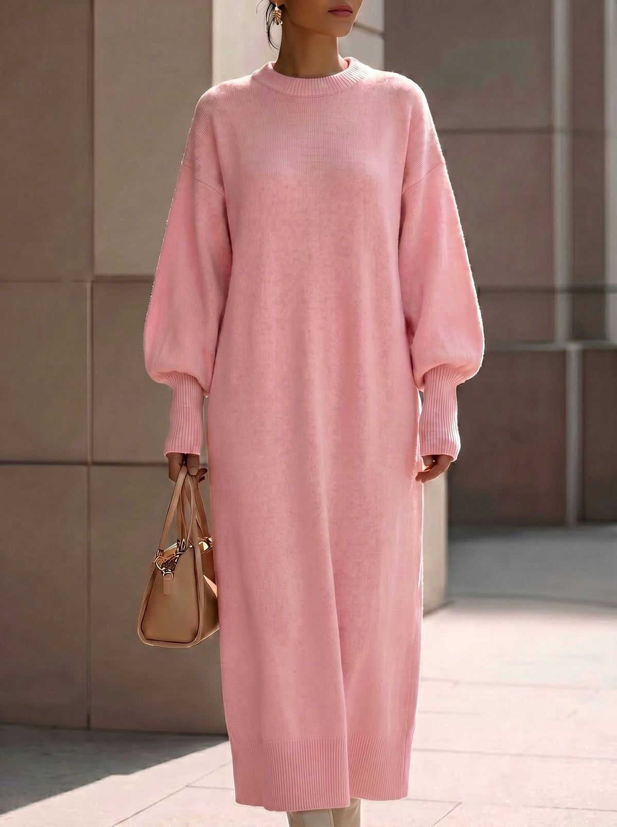 Long Balloon Sleeve Crewneck Sweater Dress