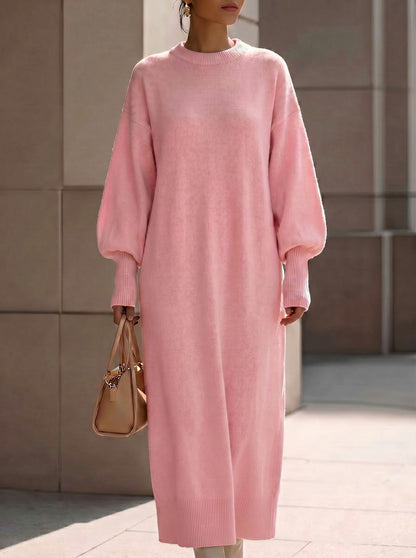 Long Balloon Sleeve Crewneck Sweater Dress