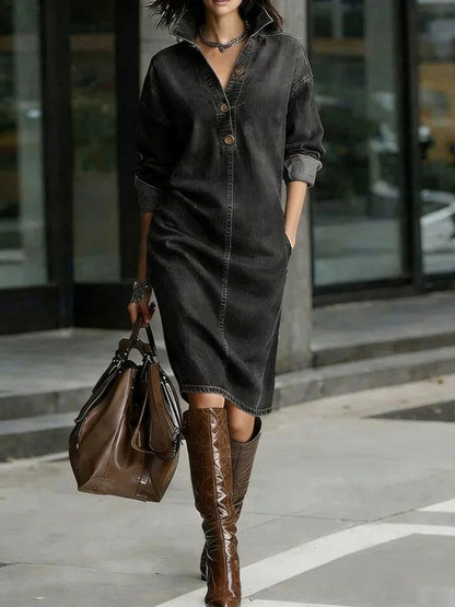 Denim Split Neck Midi Shirt Dress