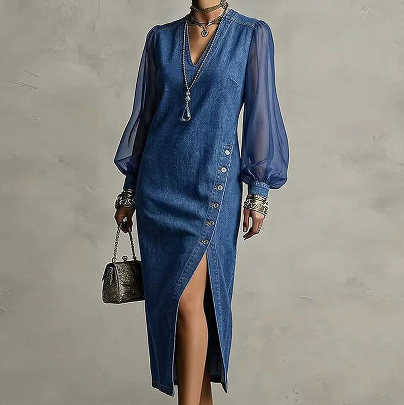 Puff Sleeve Denim Slit Midi Dress