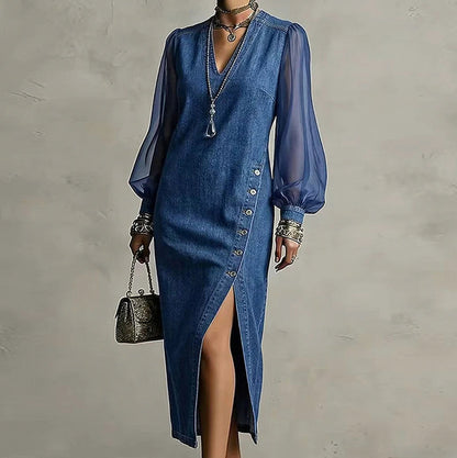 Puff Sleeve Denim Slit Midi Dress
