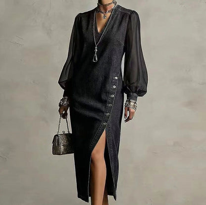 Puff Sleeve Denim Slit Midi Dress
