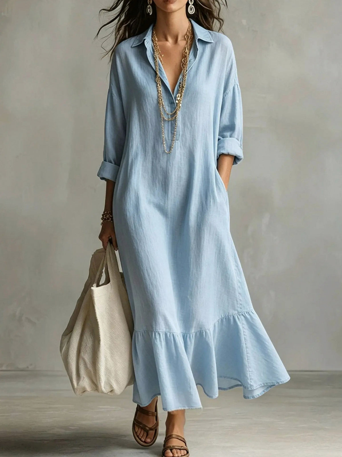 long sleeve Tiered Maxi Shirt Dress