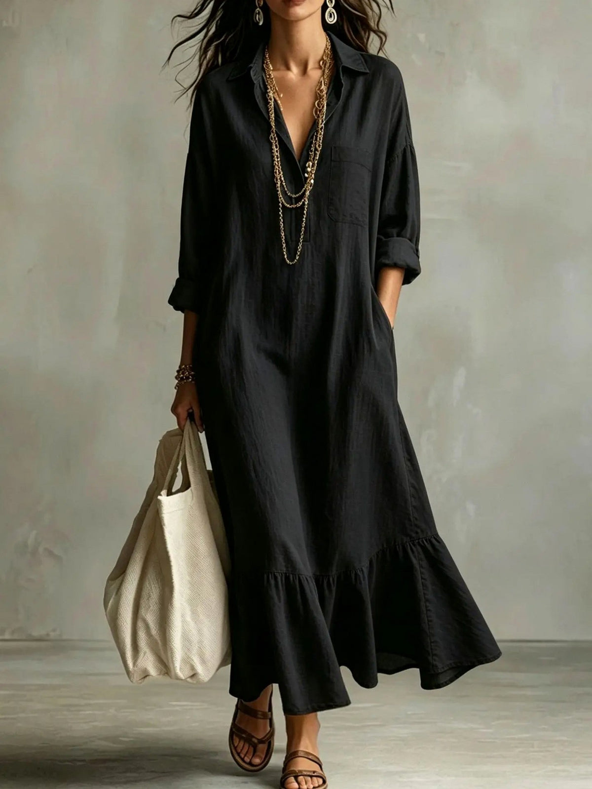 long sleeve Tiered Maxi Shirt Dress