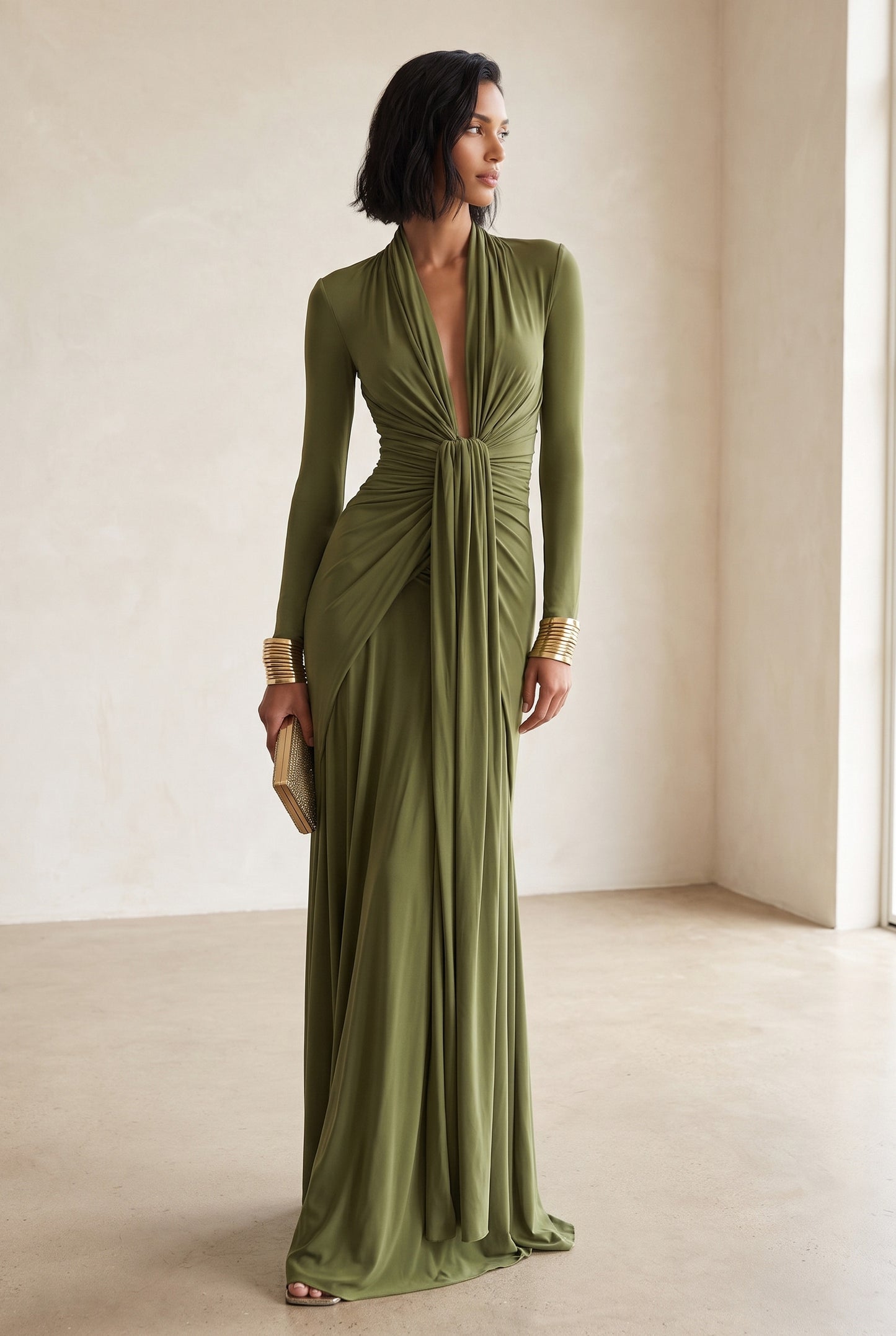 Draped Plunge Long Sleeve Maxi Dress