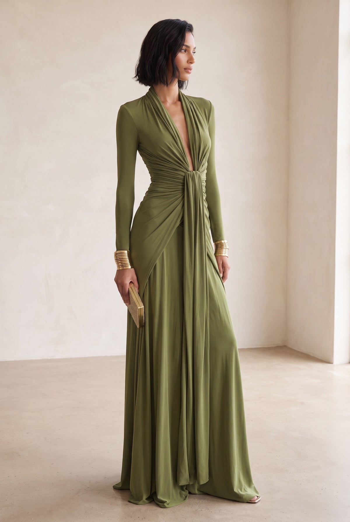 Draped Plunge Long Sleeve Maxi Dress