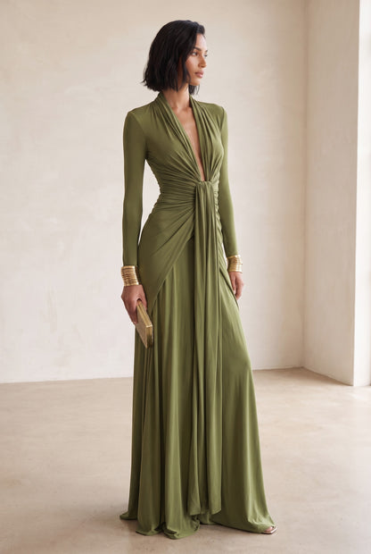 Draped Plunge Long Sleeve Maxi Dress