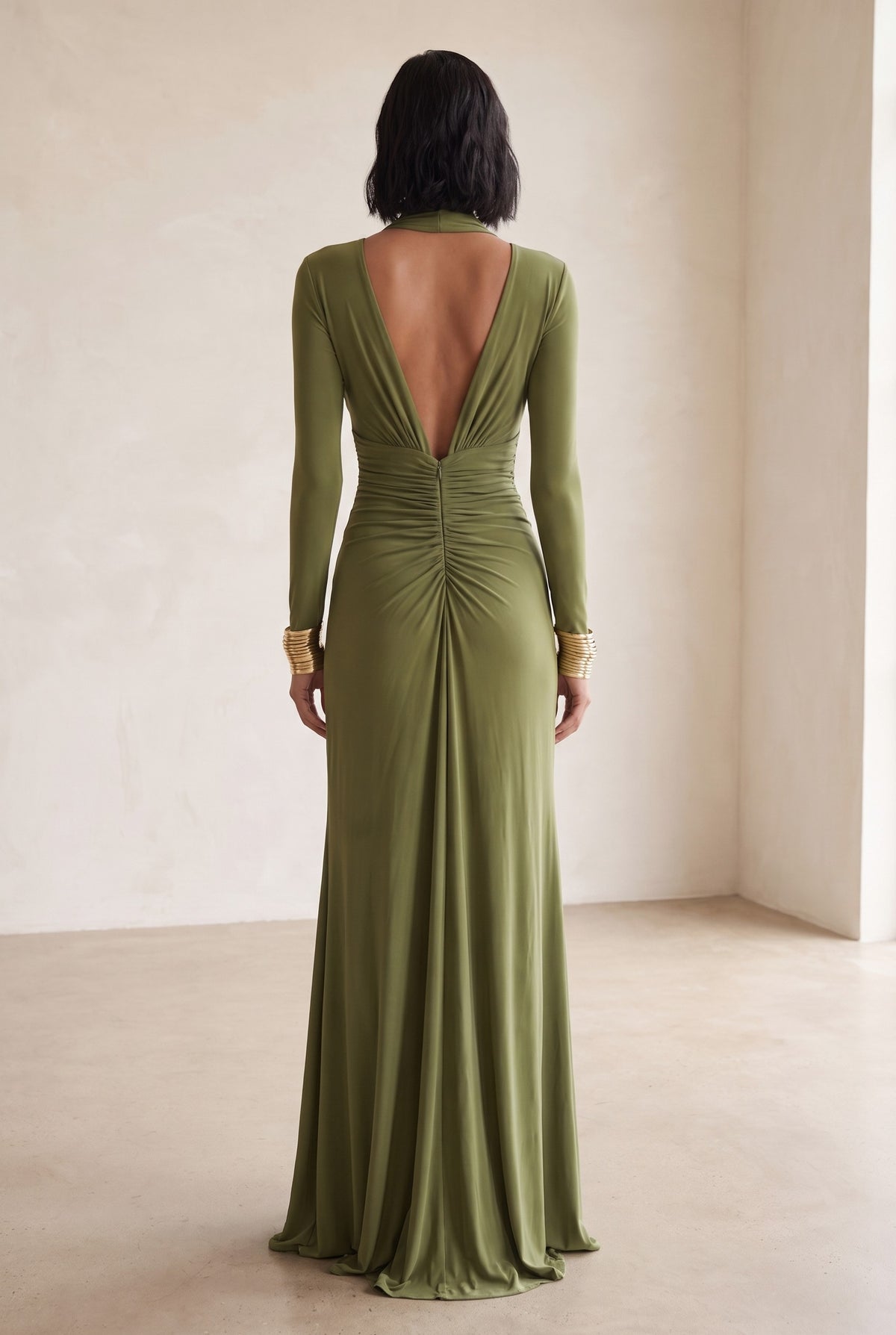 Draped Plunge Long Sleeve Maxi Dress