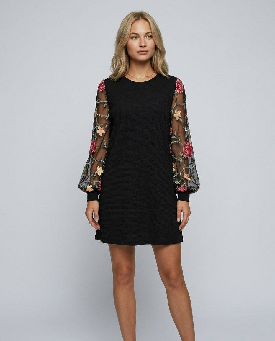Embroidered Long Sleeve A-Line Mini Dress