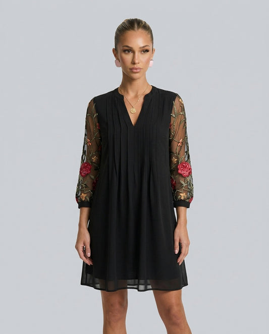 Embroidered 3/4 Sleeve Pleated Mini Dress