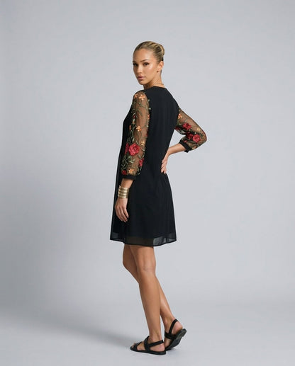 Embroidered 3/4 Sleeve Pleated Mini Dress