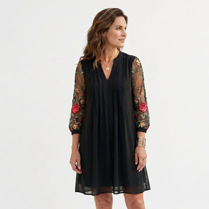 Embroidered 3/4 Sleeve Pleated Mini Dress