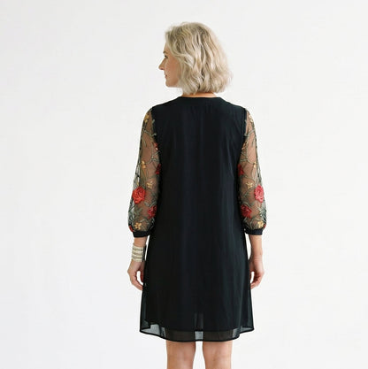 Embroidered 3/4 Sleeve Pleated Mini Dress