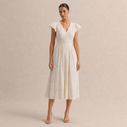 Eyelet Button Front Midi Dress