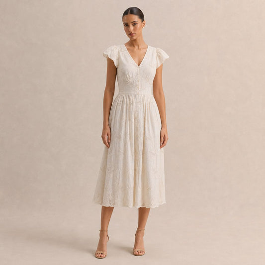 Eyelet Button Front Midi Dress