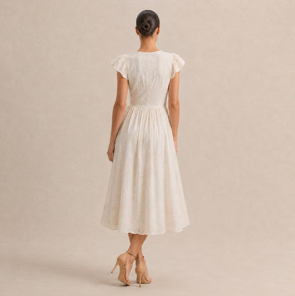 Eyelet Button Front Midi Dress