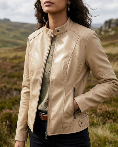 Faux Leather Stand Collar Jacket