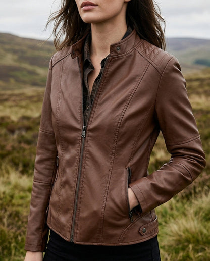 Faux Leather Stand Collar Jacket