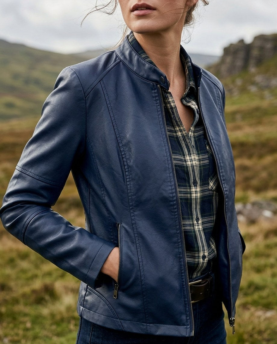 Faux Leather Stand Collar Jacket