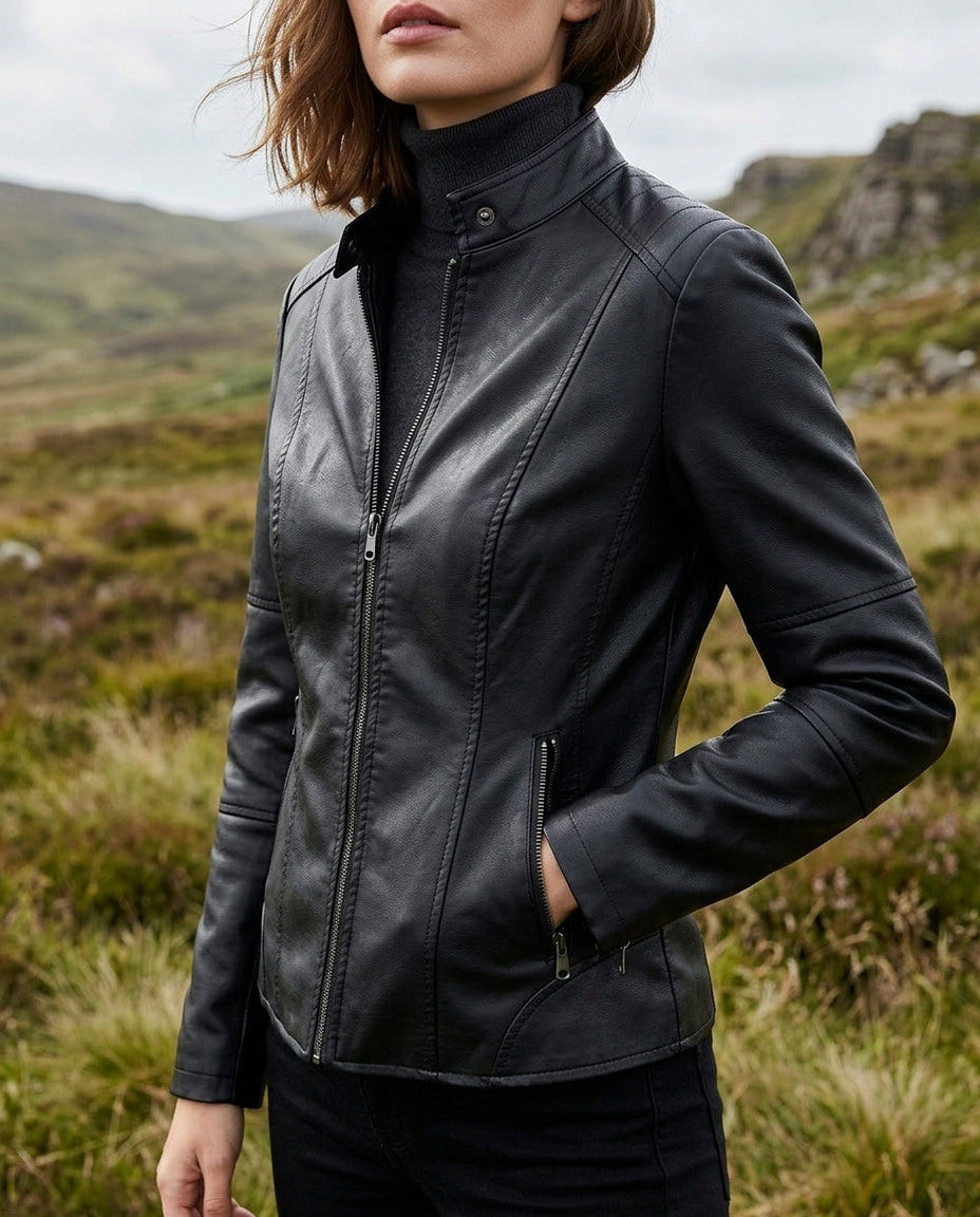 Faux Leather Stand Collar Jacket