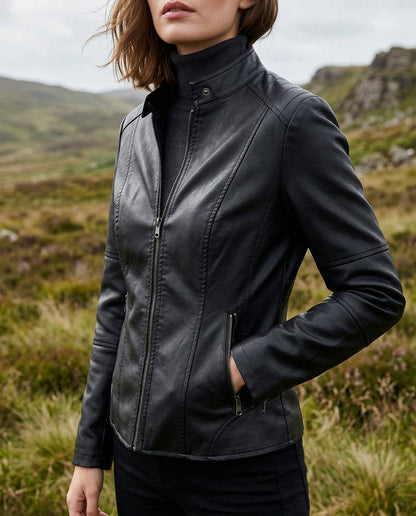 Faux Leather Stand Collar Jacket