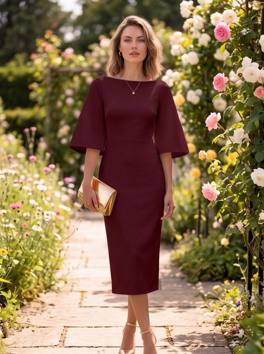 Boat Neck Flare Sleeve Sheath Midi Dress