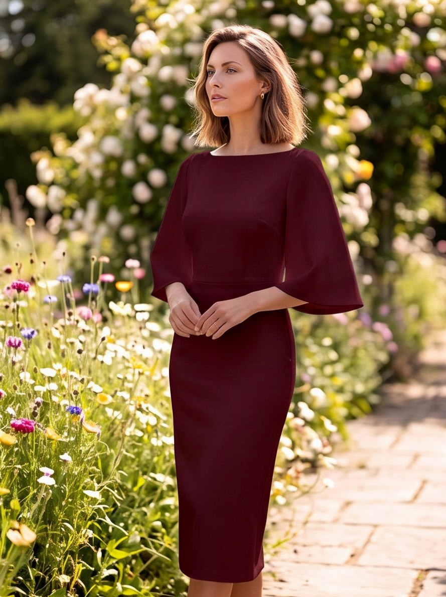 Boat Neck Flare Sleeve Sheath Midi Dress