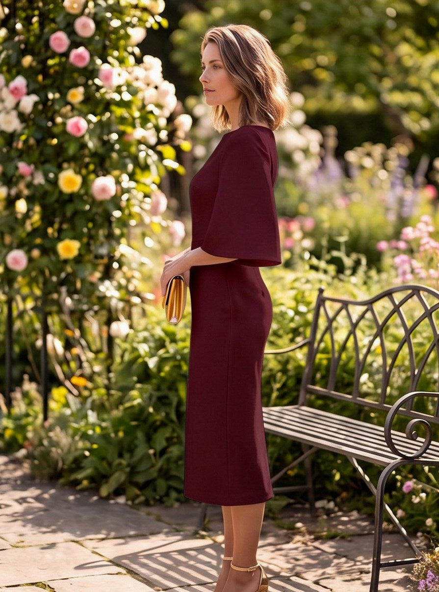 Boat Neck Flare Sleeve Sheath Midi Dress