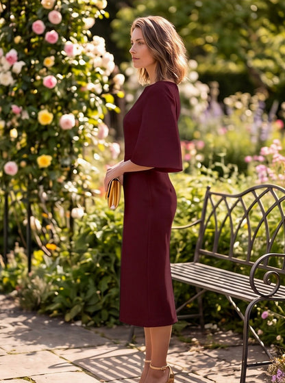 Boat Neck Flare Sleeve Sheath Midi Dress