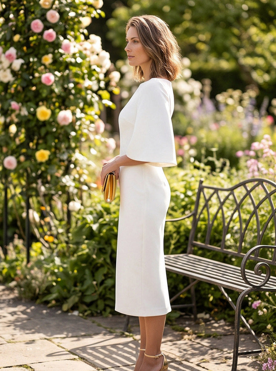 Boat Neck Flare Sleeve Sheath Midi Dress