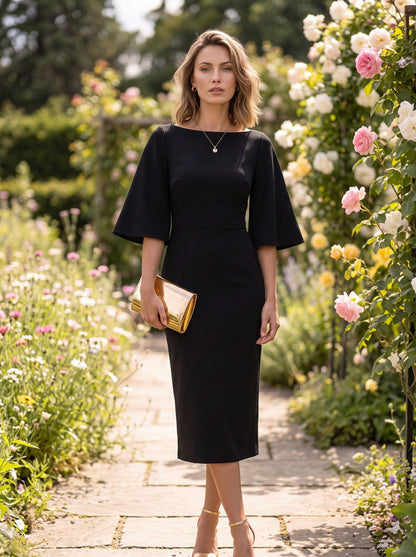 Boat Neck Flare Sleeve Sheath Midi Dress
