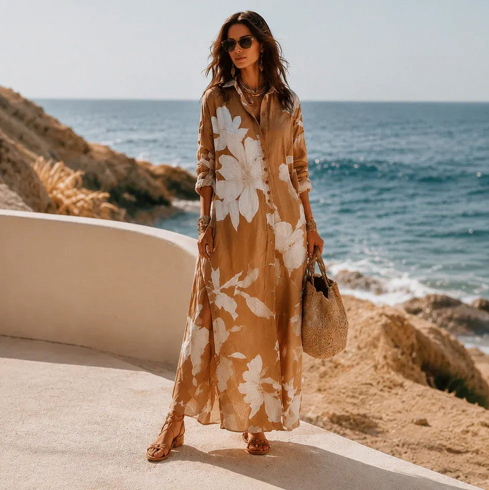 Floral Button Front Maxi Shirt Dress
