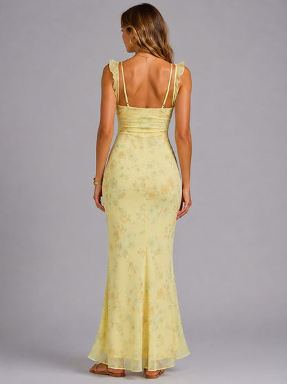Floral Chiffon Ruffle Maxi Dress