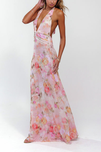 Floral Halter Ruched Maxi Dress