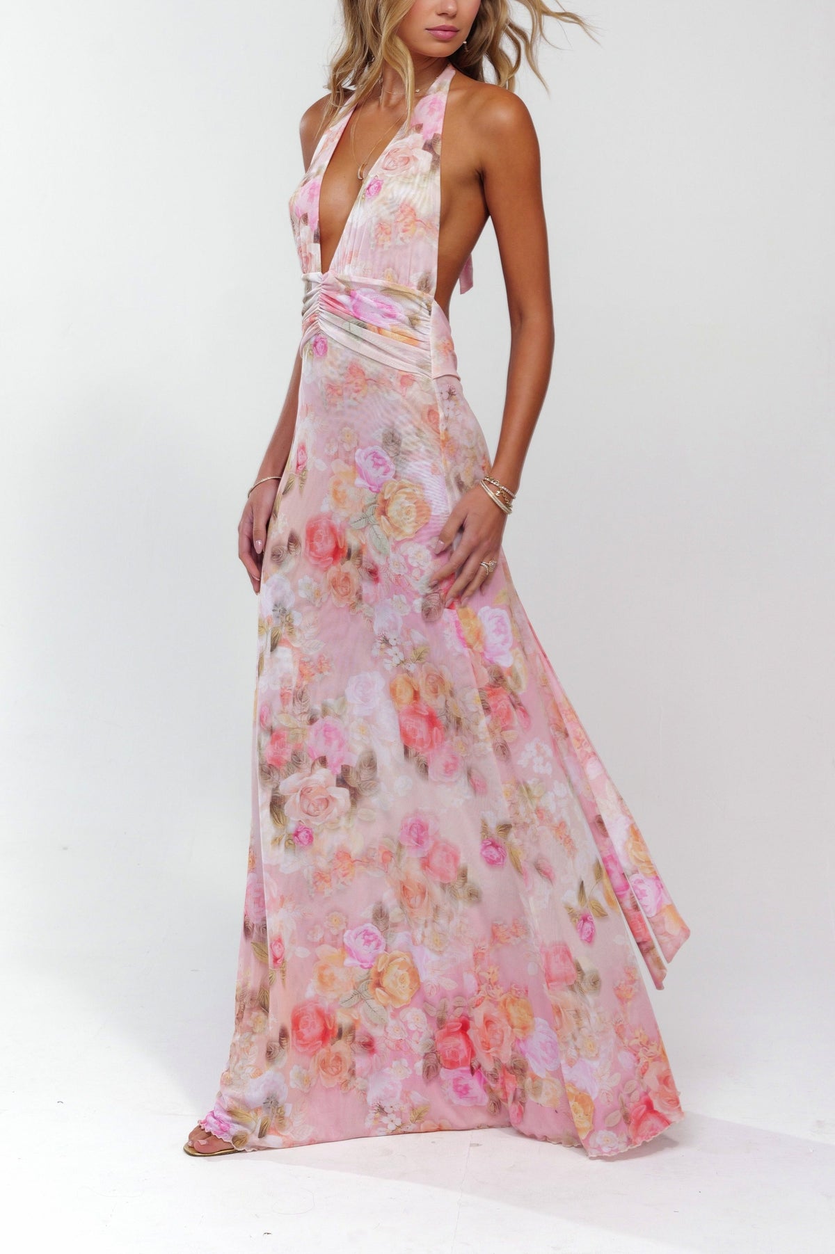 Floral Halter Ruched Maxi Dress