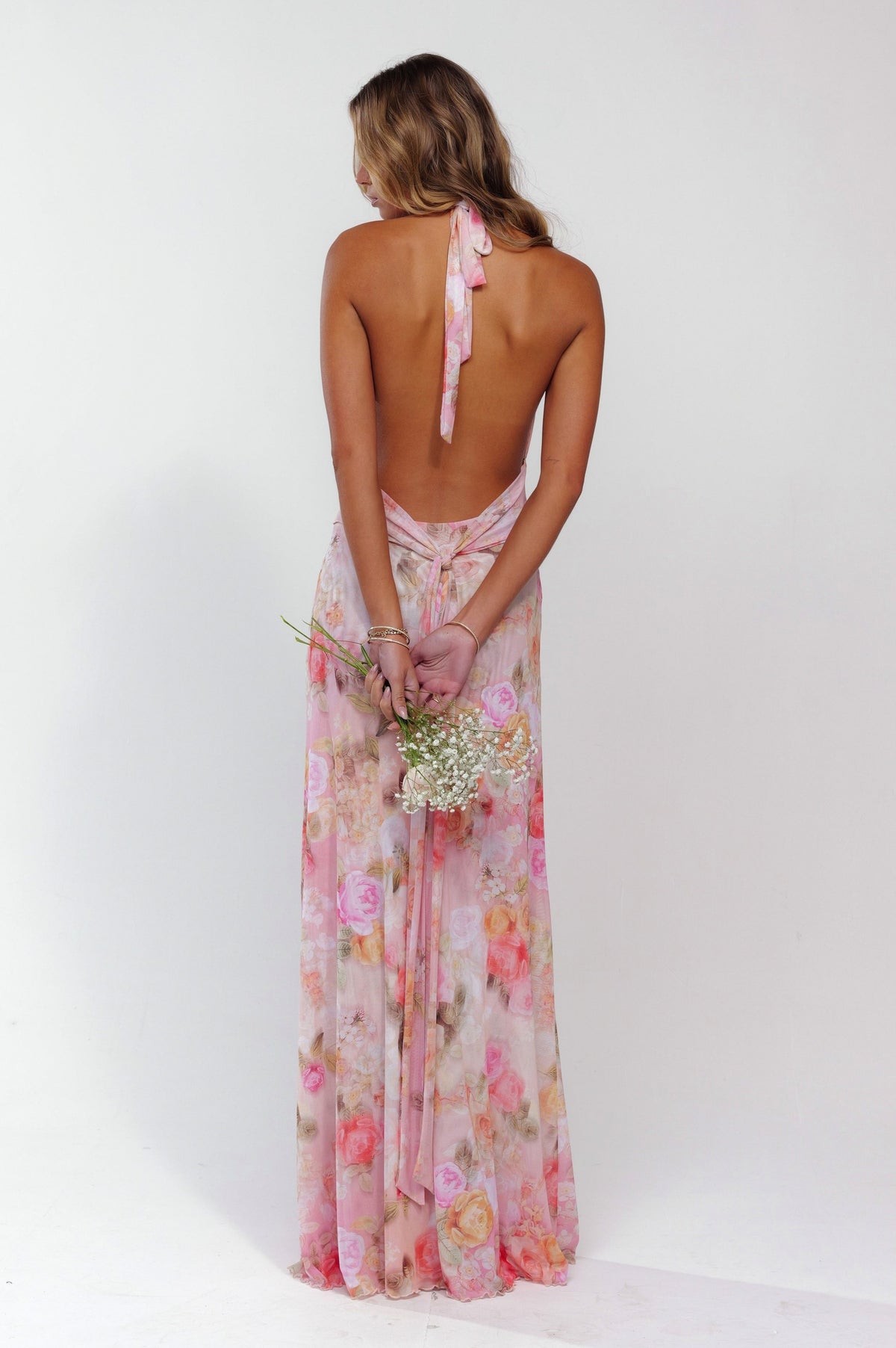 Floral Halter Ruched Maxi Dress