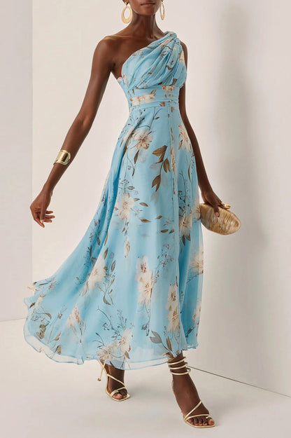 Watercolor Floral One Shoulder Maxi Dress