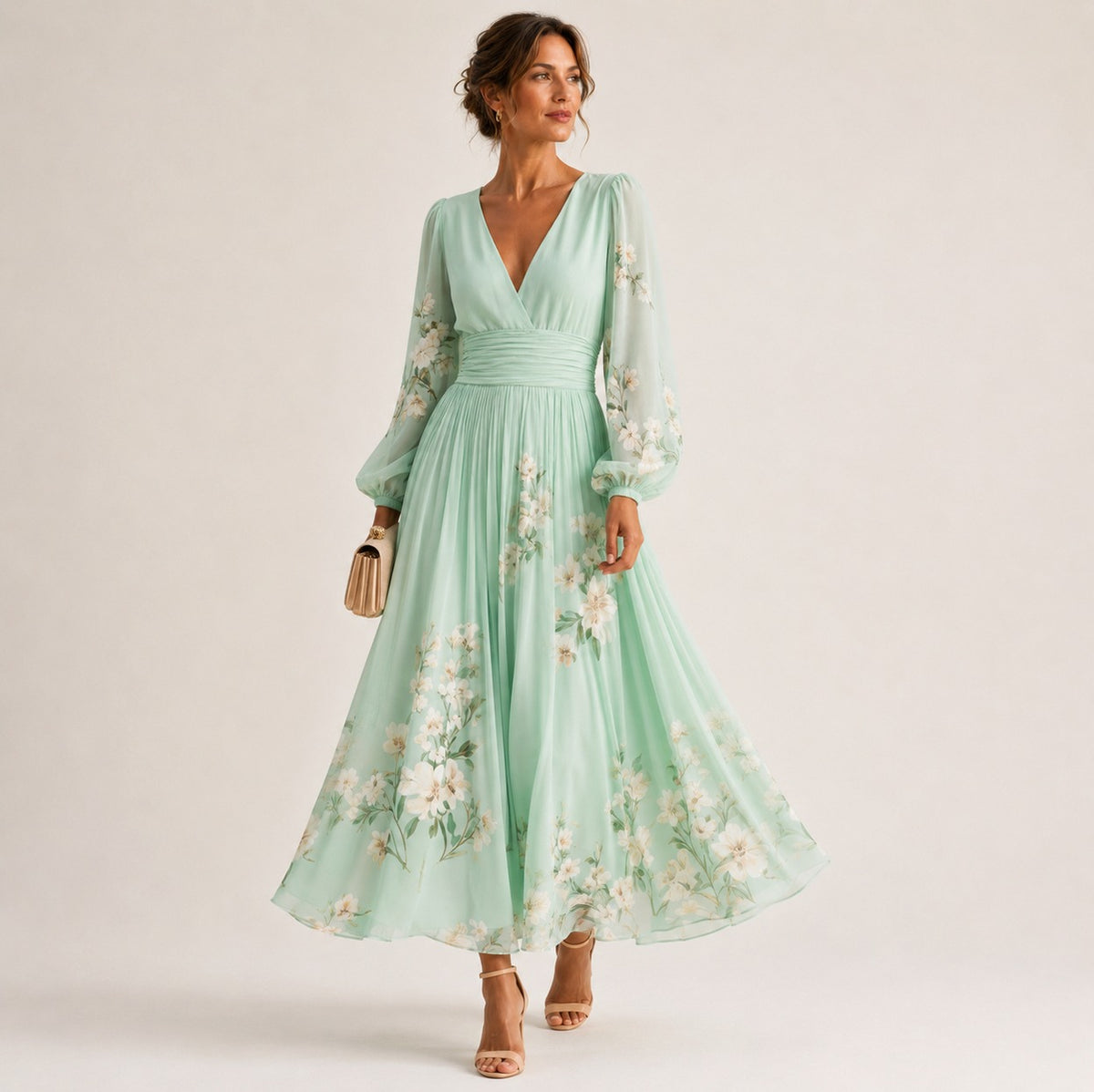 Floral Pleated Long Sleeve Maxi Dress