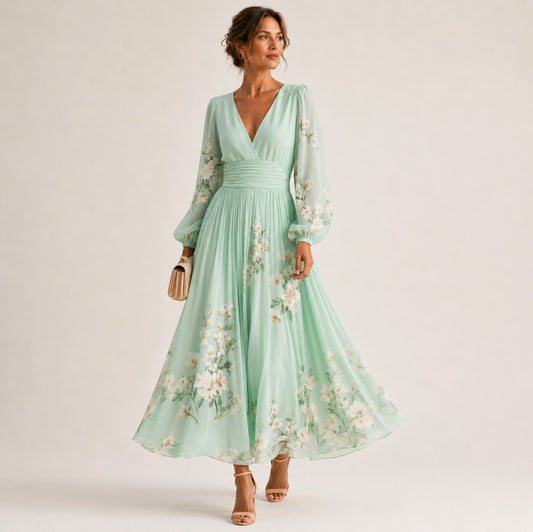 Floral Pleated Long Sleeve Maxi Dress