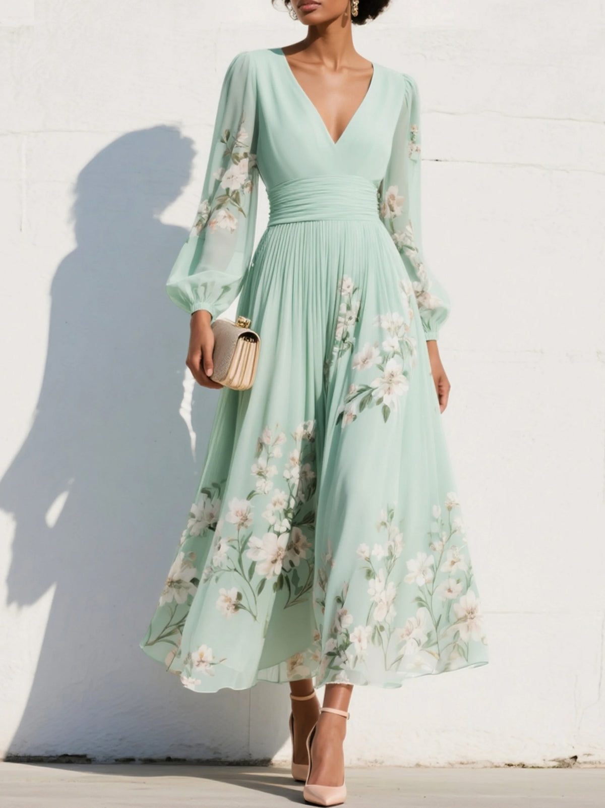 Floral Pleated Long Sleeve Maxi Dress