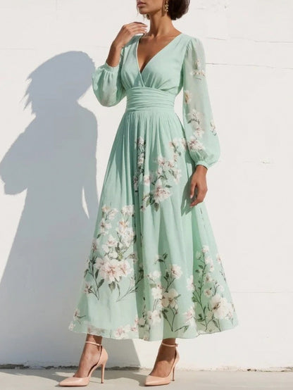 Floral Pleated Long Sleeve Maxi Dress